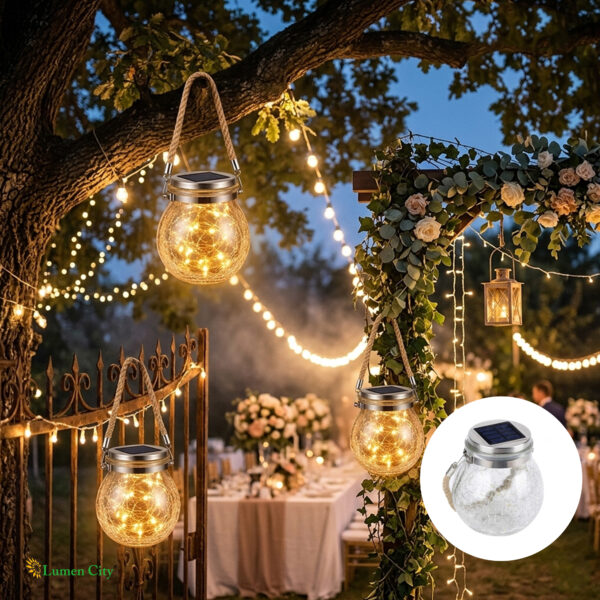 Solar Hanging Jar Light – Crackle Glass | 32 LED | IP65
