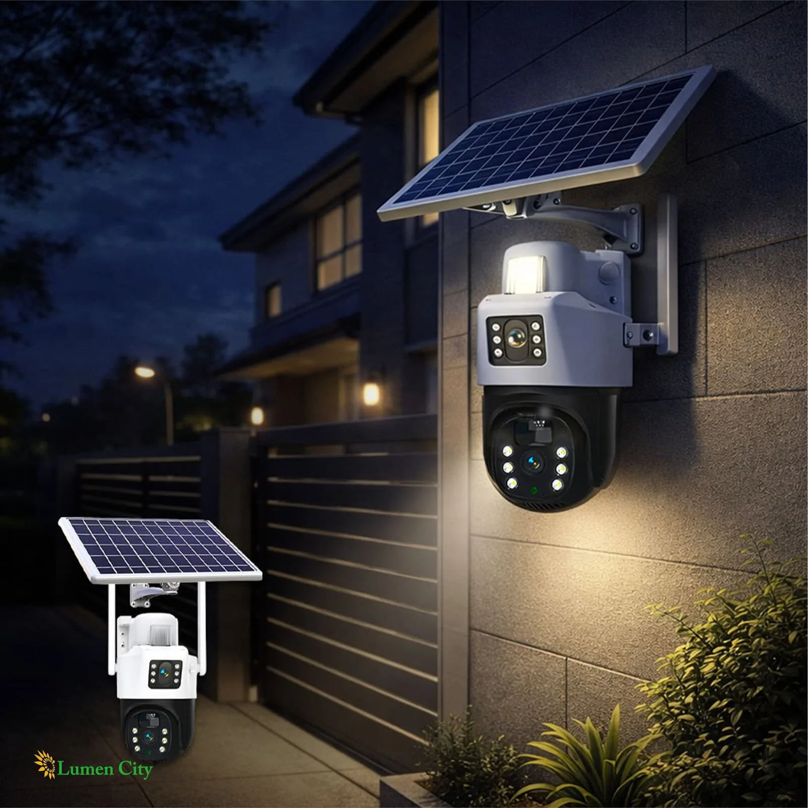 Outdoor security camera with solar panel installed on house wall at night.