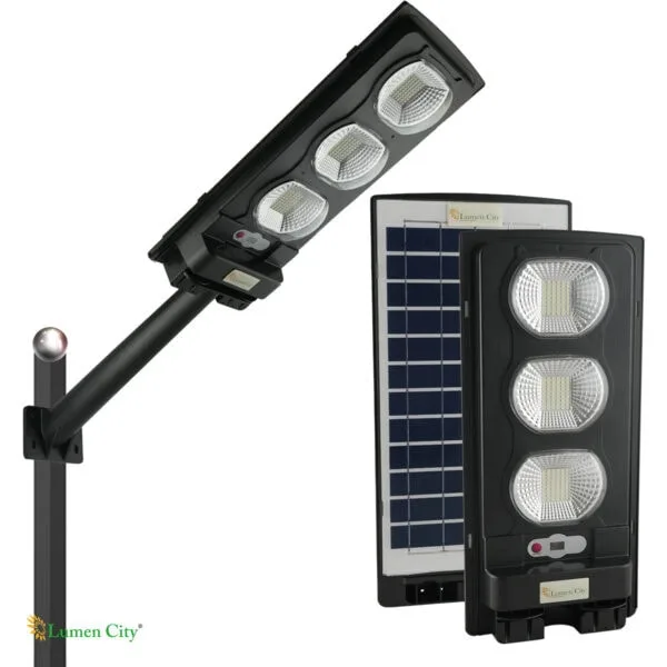 LED solar street light with integrated solar panel for energy-efficient outdoor illumination.