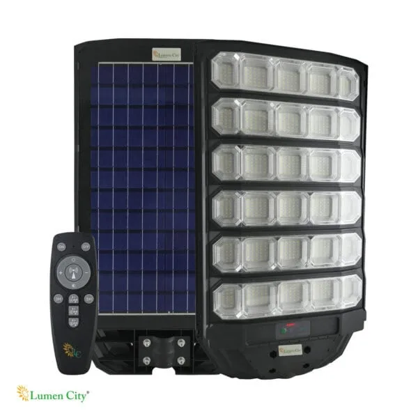 LED solar flood light with remote, energy-efficient outdoor lighting solution.