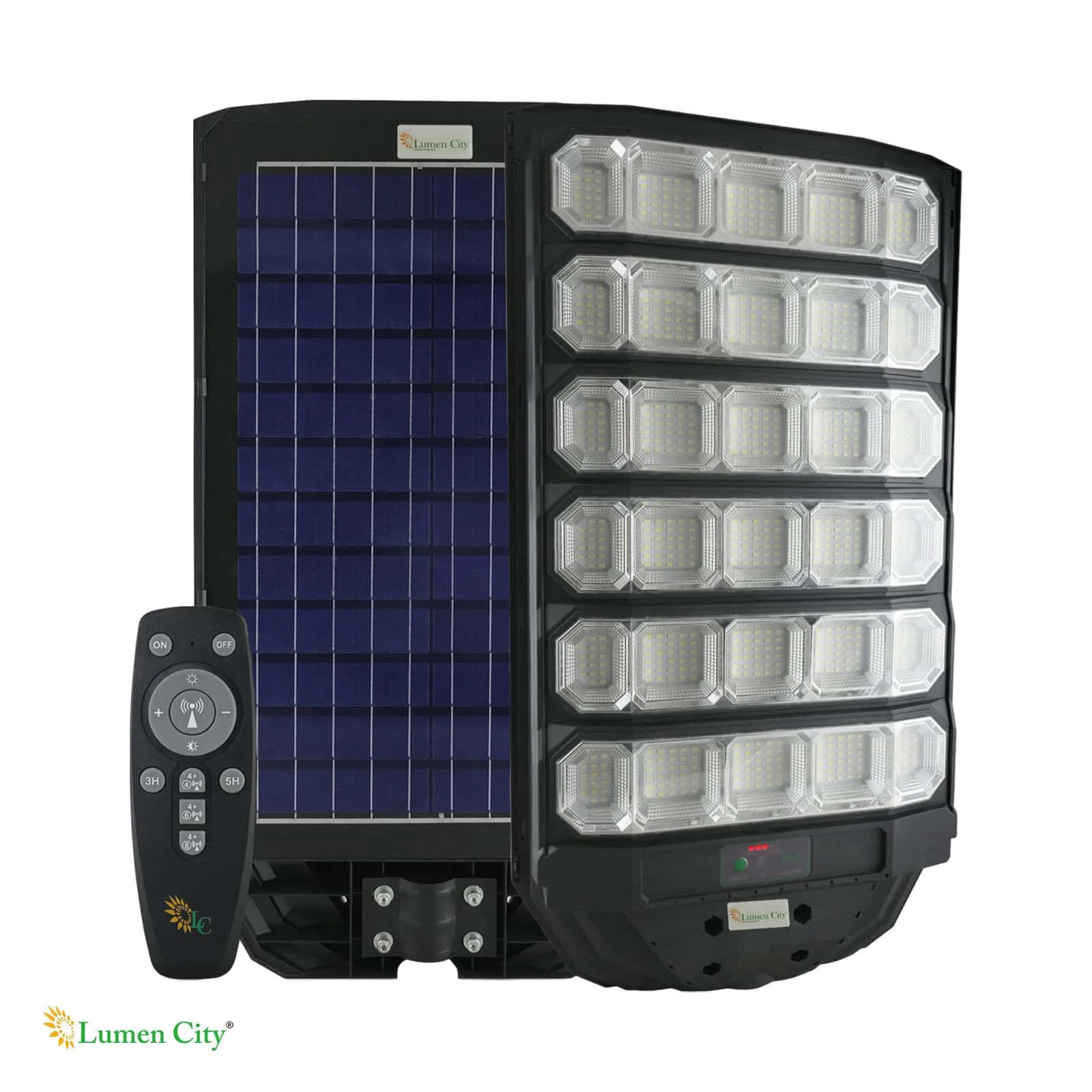 LED solar flood light with remote, energy-efficient outdoor lighting solution.