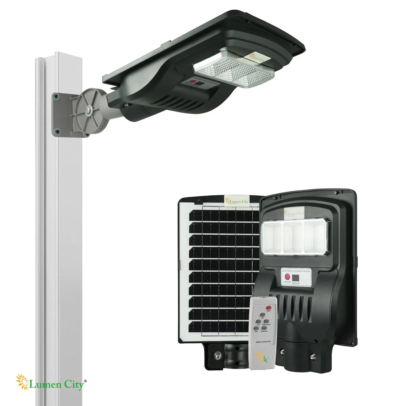 Energy-efficient solar LED street light with remote control and solar panel for outdoor lighting.
