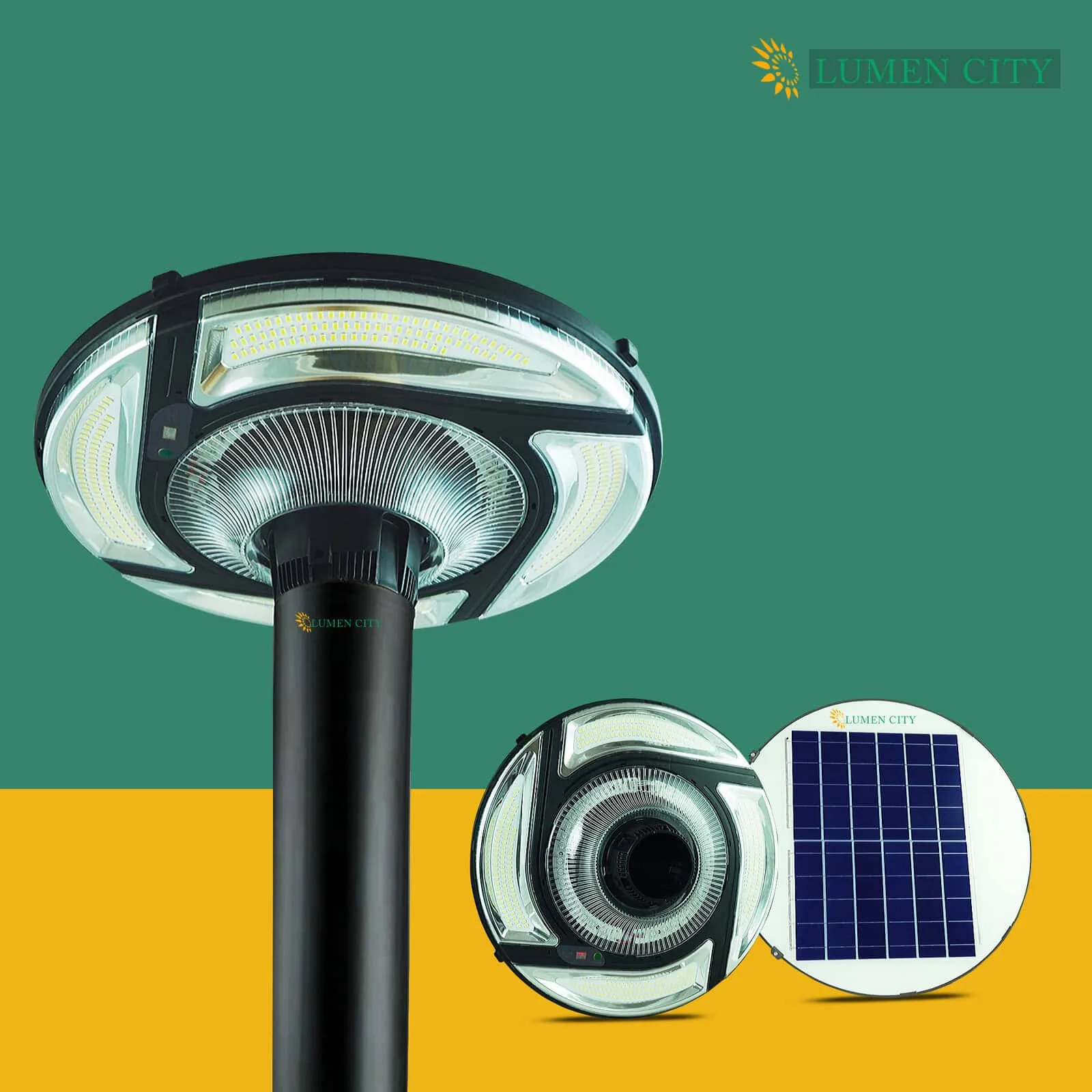 Energy-efficient LED street lights with solar panels for sustainable urban lighting solutions at Lum.