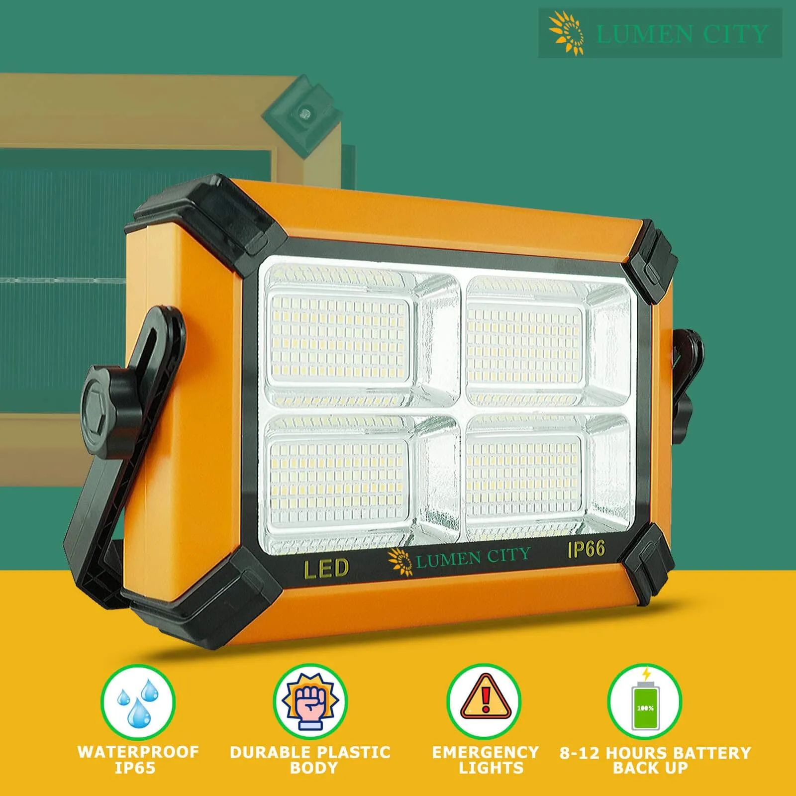 Bright orange LED work light with durable plastic body and waterproof design for industrial use.