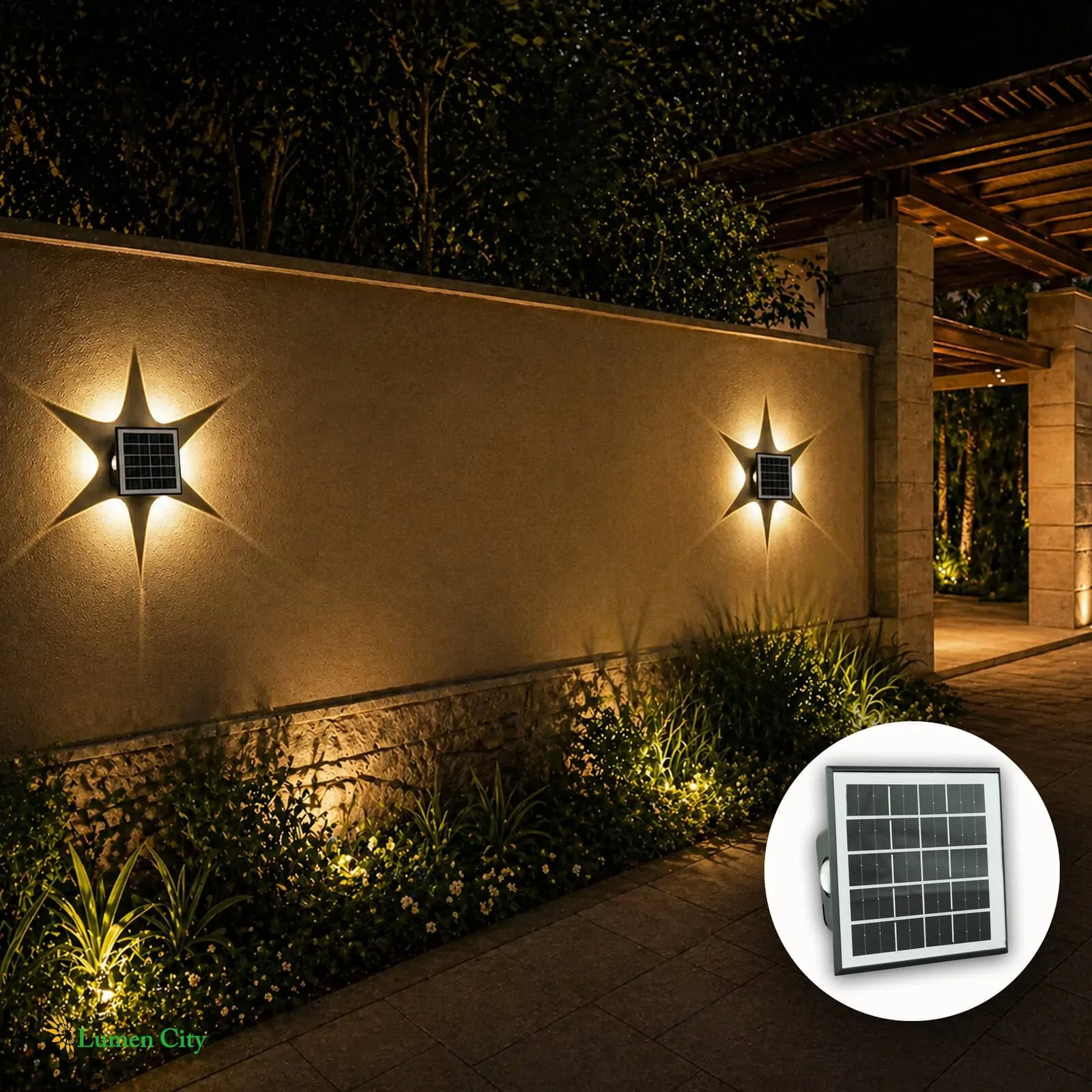 Solar-powered outdoor wall lights illuminating a garden wall at night, enhancing security and aesthe.