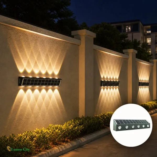 LED outdoor wall lights illuminating a boundary wall at night, enhancing security and aesthetic appe.