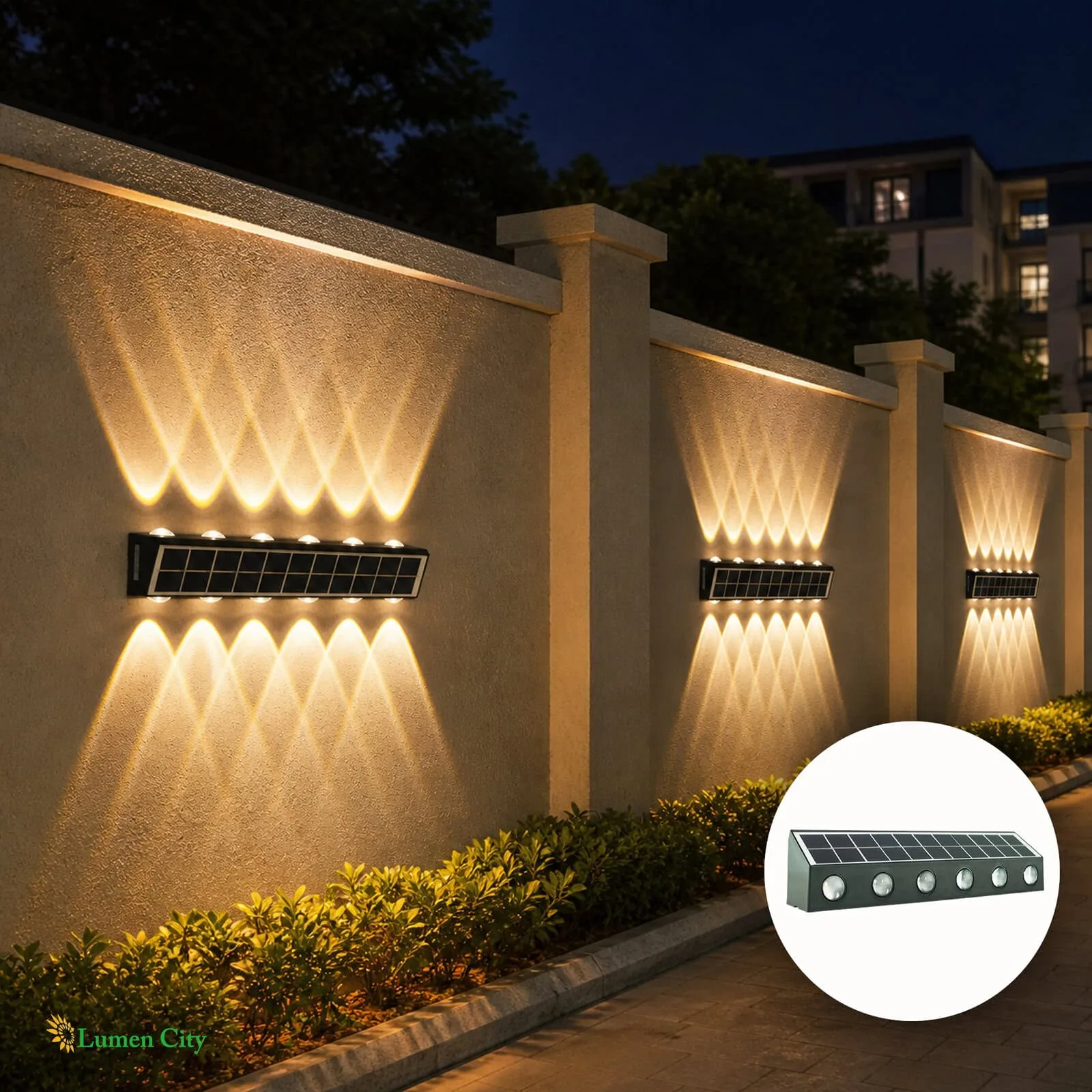 LED outdoor wall lights illuminating a boundary wall at night, enhancing security and aesthetic appe.