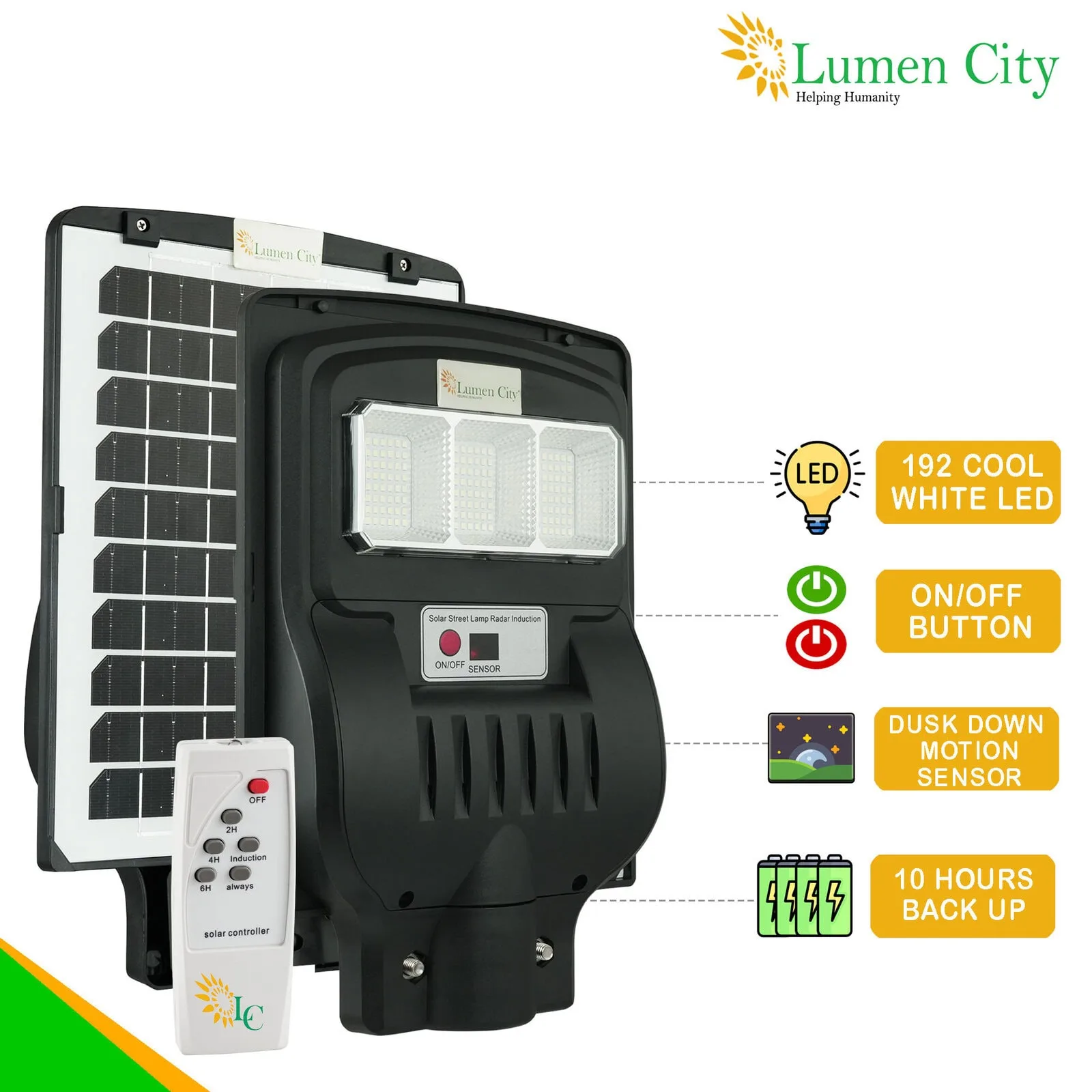 192 cool white LED solar street light with dusk down motion sensor and 10 hours backup from Lumencit.