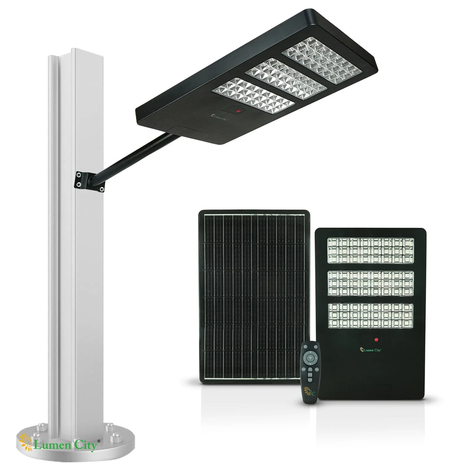 Energy-efficient solar-powered LED street lighting system with remote control.
