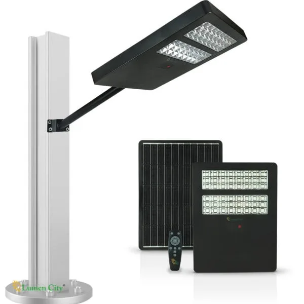 LED solar street light with solar panel and remote control for outdoor lighting.