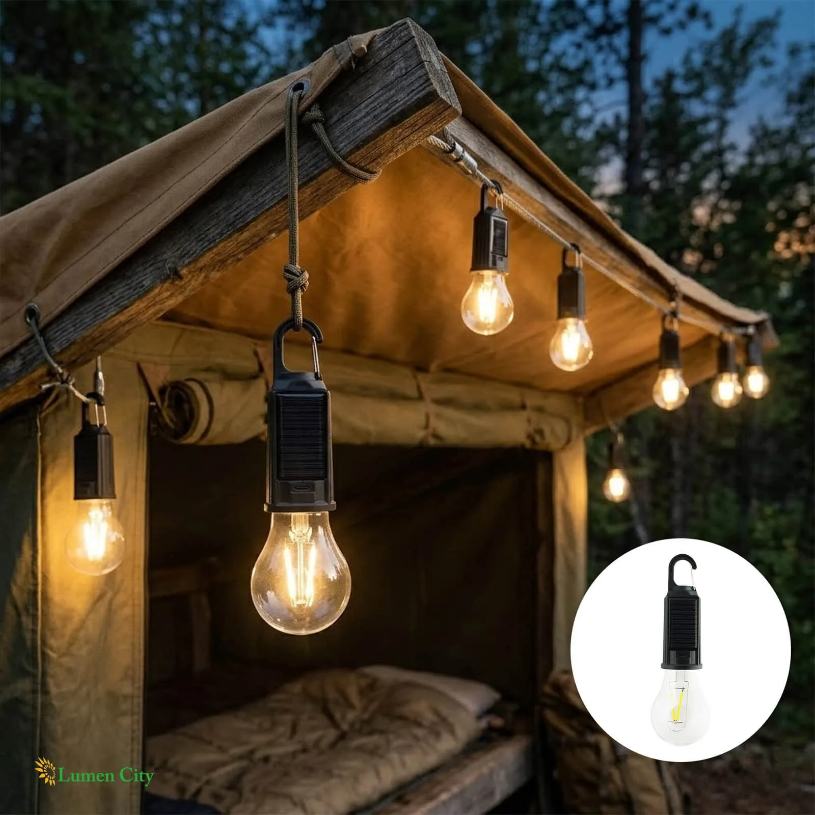 Warm outdoor string lights illuminating a cozy tent in a forest setting for camping or outdoor relax.