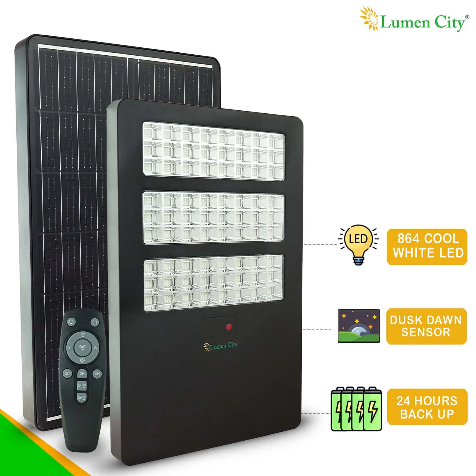 Bright solar-powered LED floodlight with dusk dawn sensor and remote control for outdoor lighting.