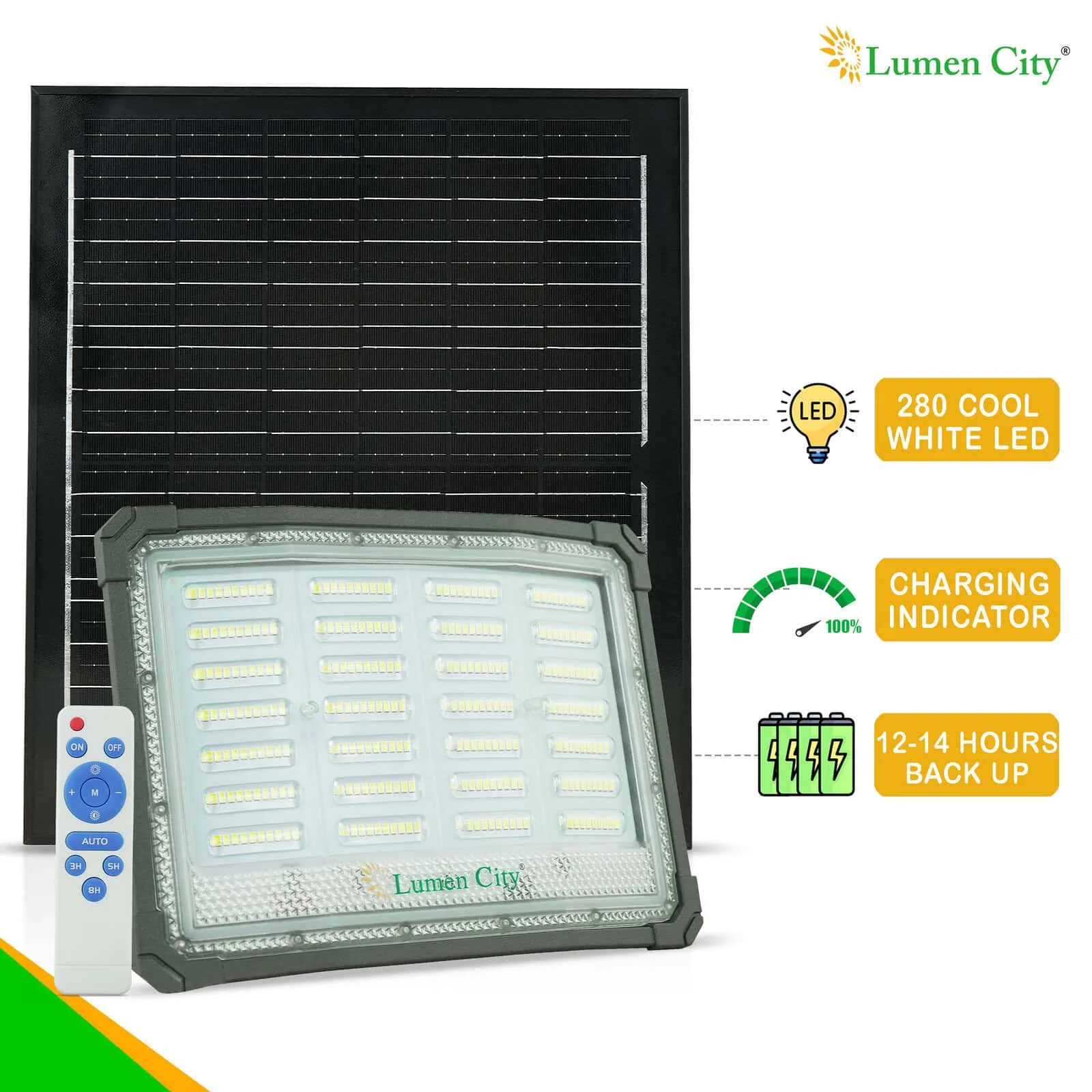 Energy-efficient solar-powered LED floodlight with remote control and backup battery from Lumencity.
