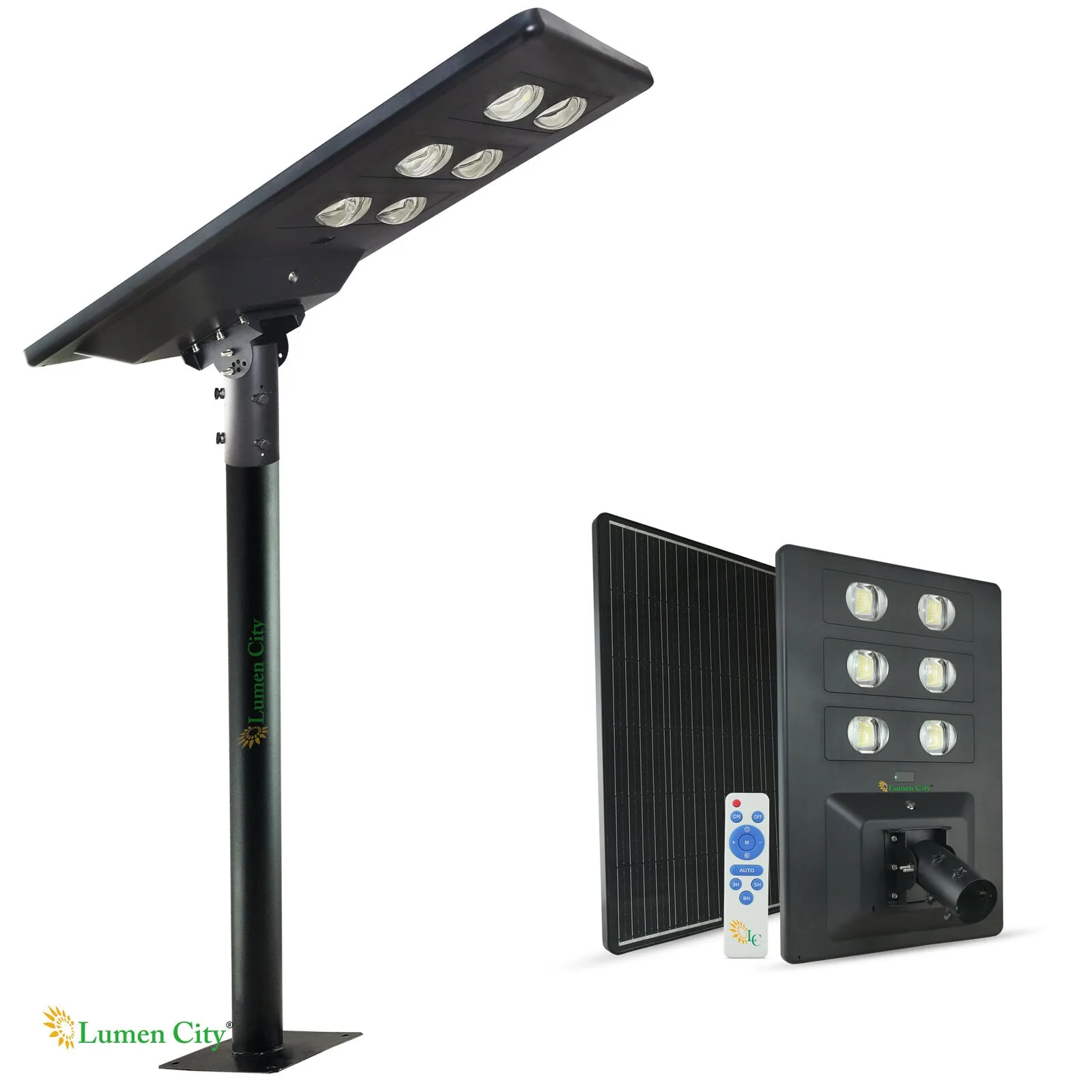 LED street lighting system with solar panel and remote control from Lumencity.