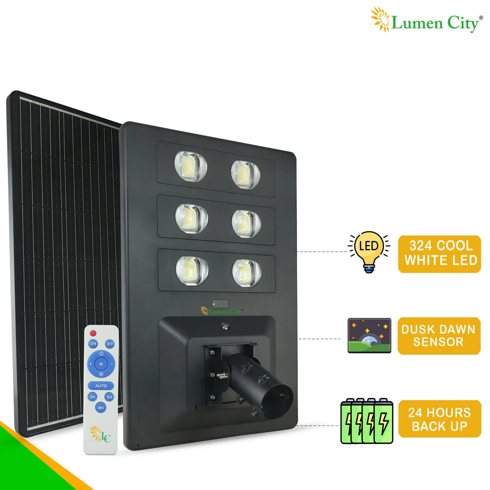 Bright solar-powered LED street light with dusk dawn sensor and remote control for energy-efficient.