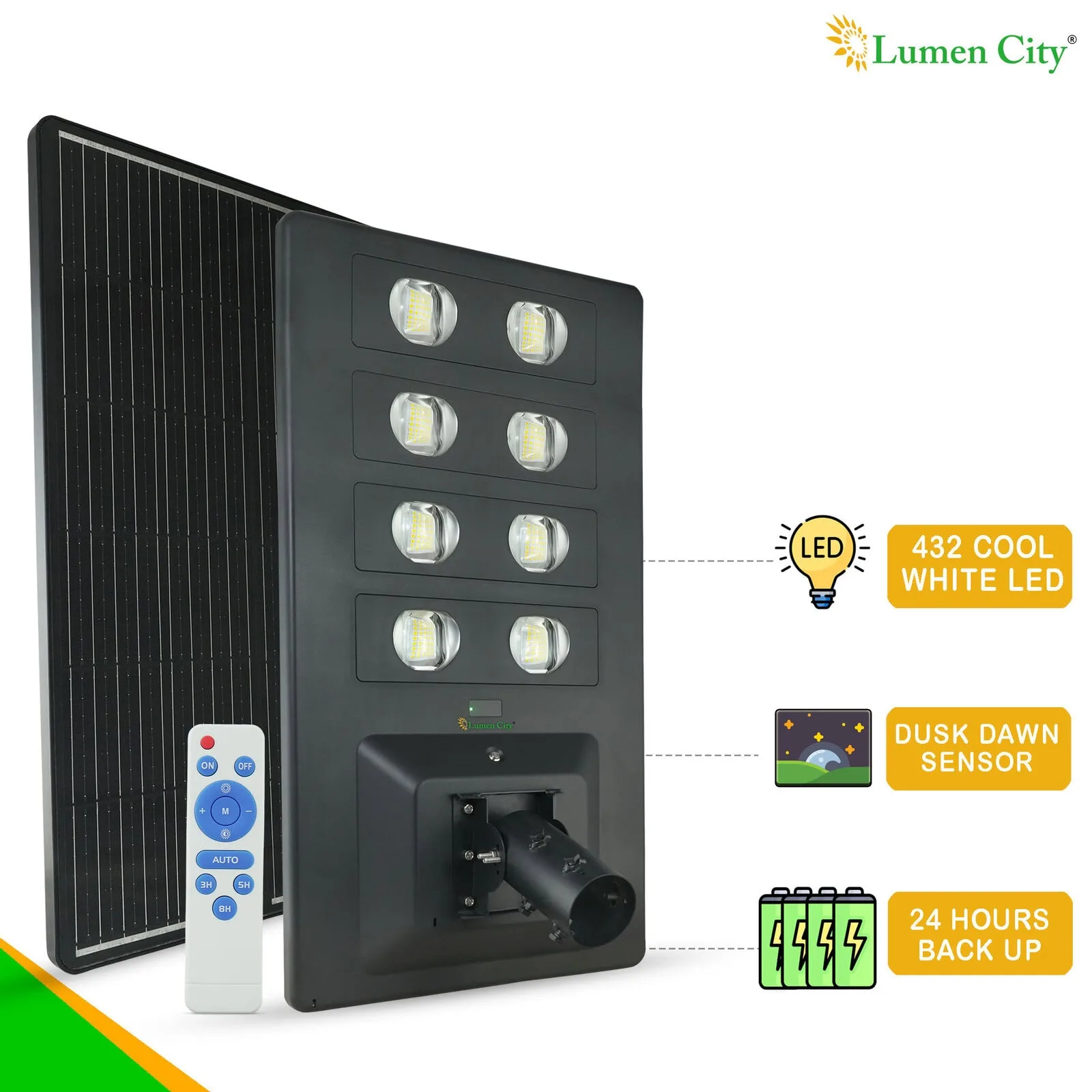 Energy-efficient solar-powered LED lighting system with remote control and dusk dawn sensor.
