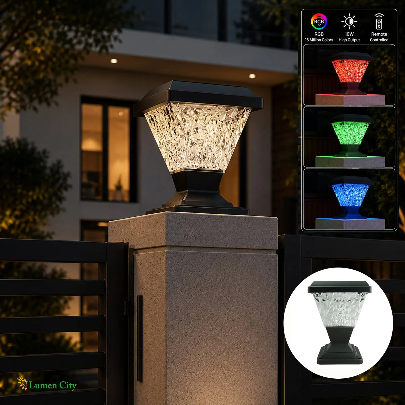 RGB LED outdoor lamp with color-changing feature, modern design, and remote control for garden or pa.