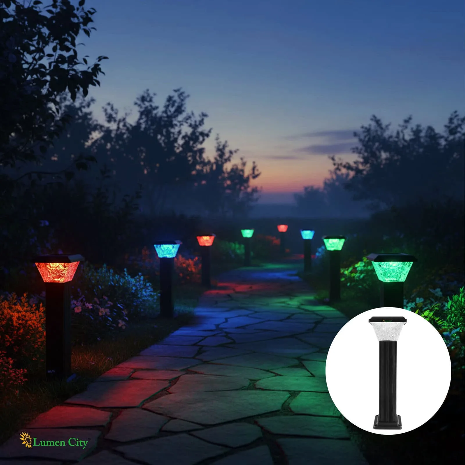 LED pathway lights illuminating garden walkway at dusk.