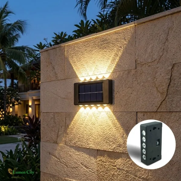 LED solar wall light illuminating a stone wall at dusk, ideal for outdoor lighting and security.