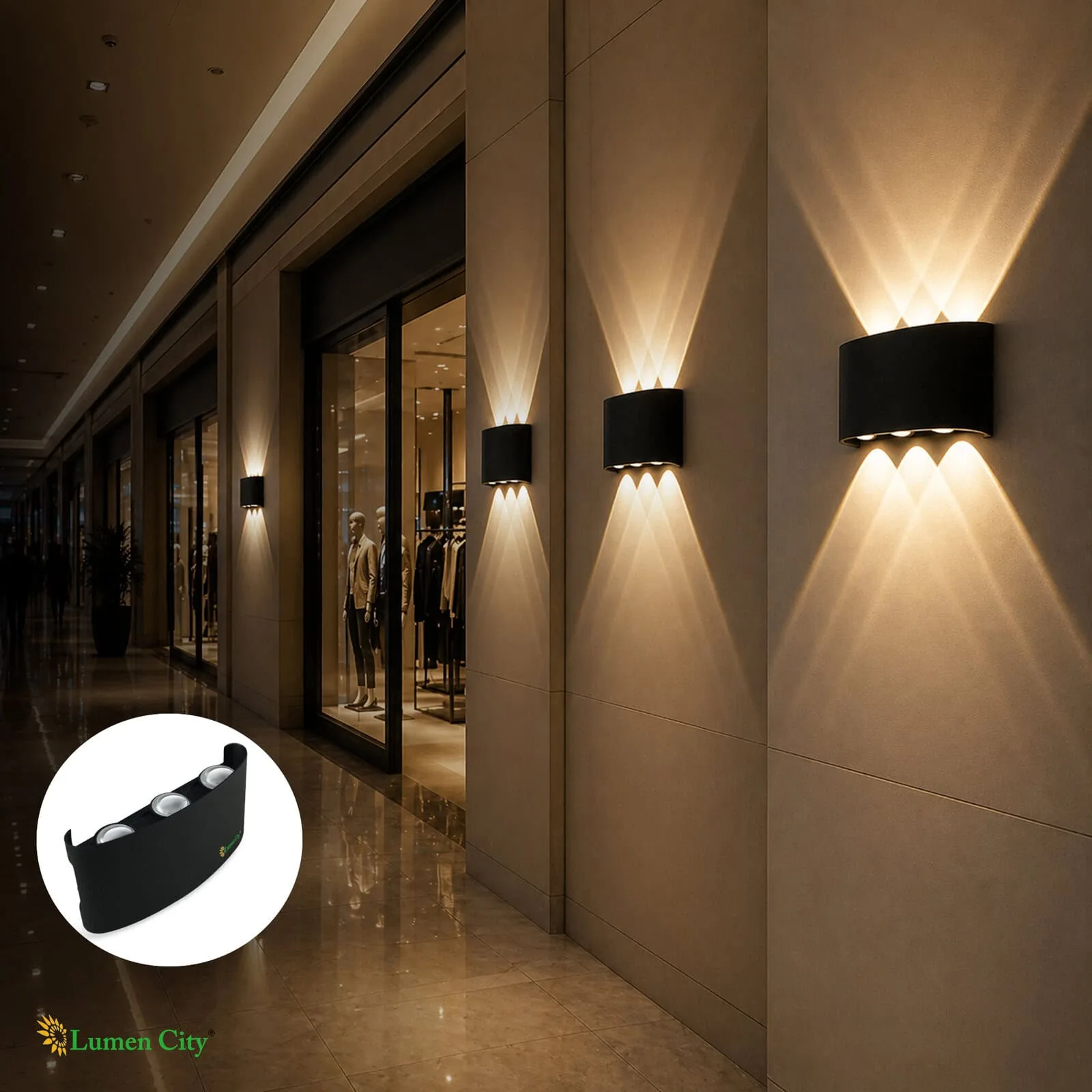 LED wall sconces illuminating a modern shopping mall corridor for elegant lighting and ambiance.