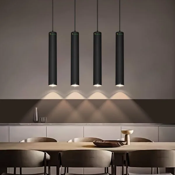 12W COB hanging pendant light - aluminium black body, 30x80 mm, 15 degree narrow beam, 2700-6500K CCT, 90-265V, showroom and restaurant accent lighting India