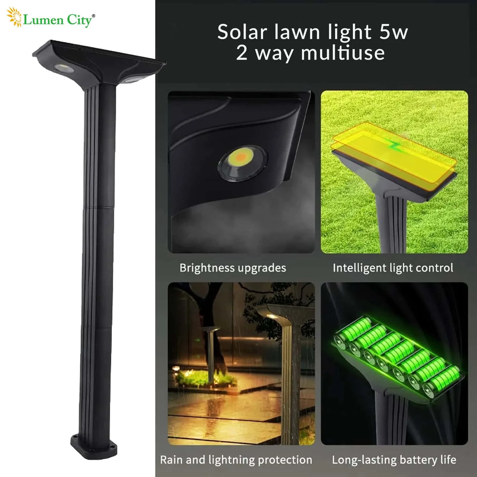 5W Solar Lawn Light – COB LED | Expandable 700mm | IP65 - Image 7