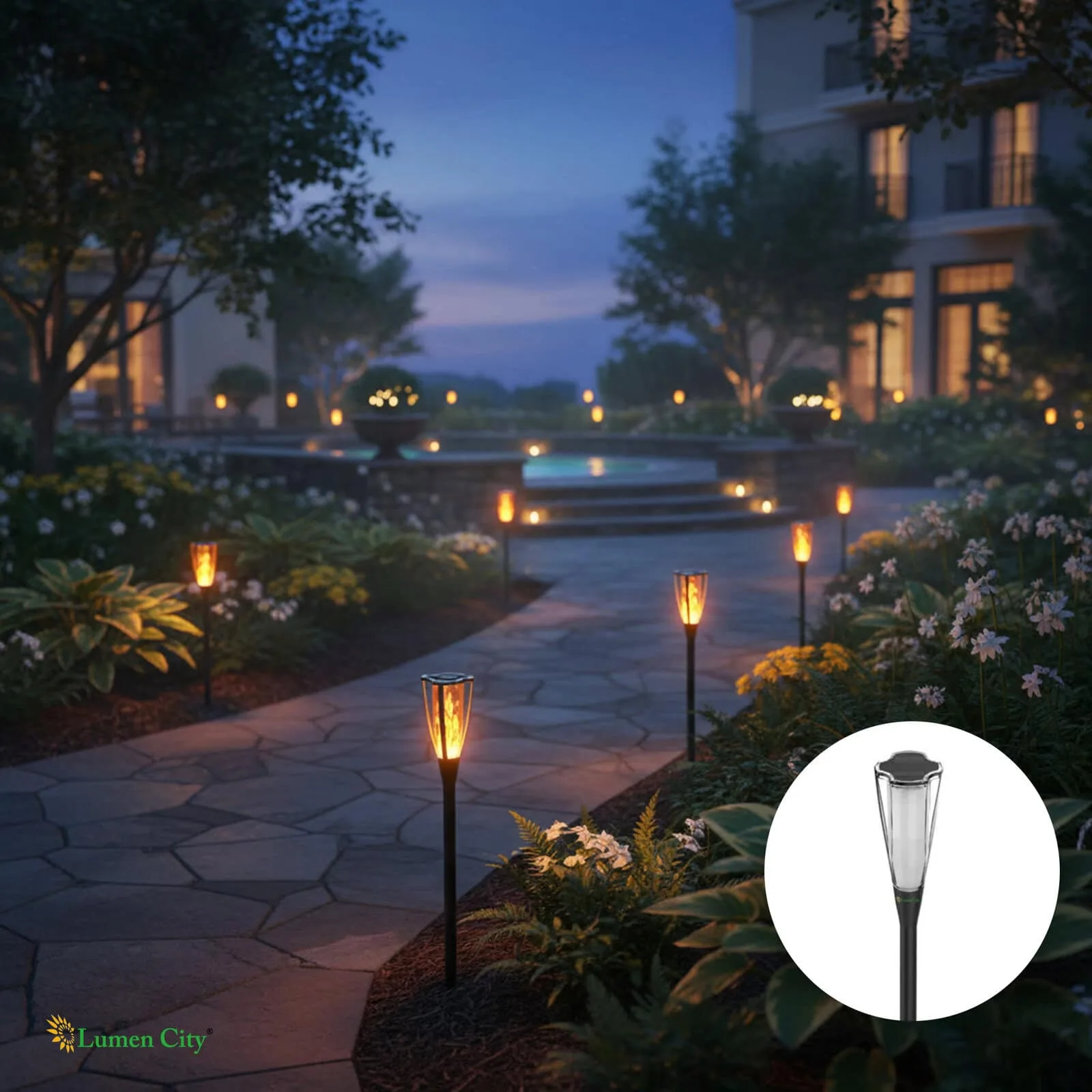 Elegant outdoor pathway illuminated with solar garden lights, enhancing landscape aesthetics and saf.