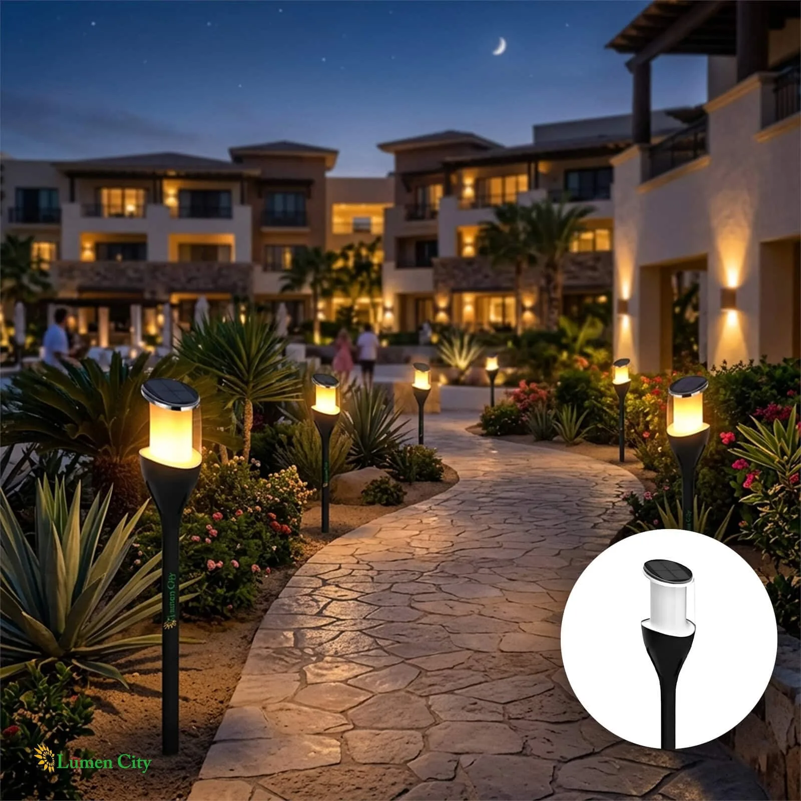 Outdoor garden pathway illuminated with modern solar lights at night.