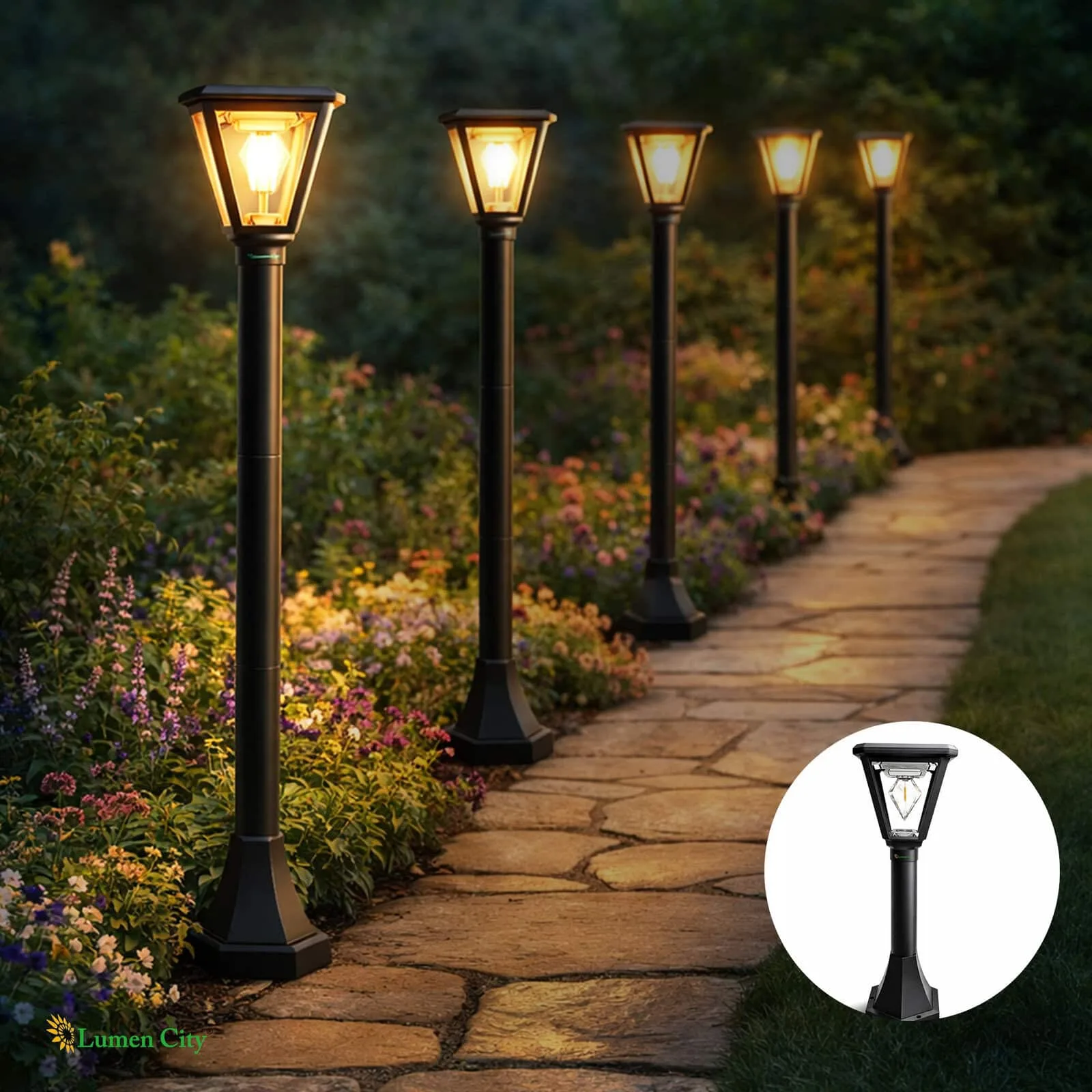 Outdoor garden pathway lighting with elegant lamp posts.