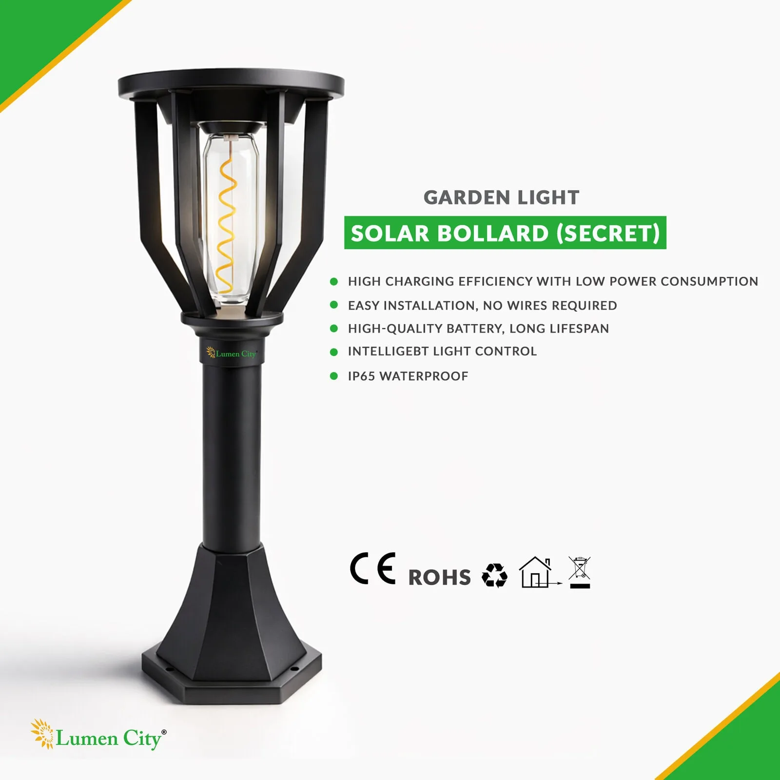 Solar Bollard Garden Light – Secret Model | Warm White | IP65 - Image 3