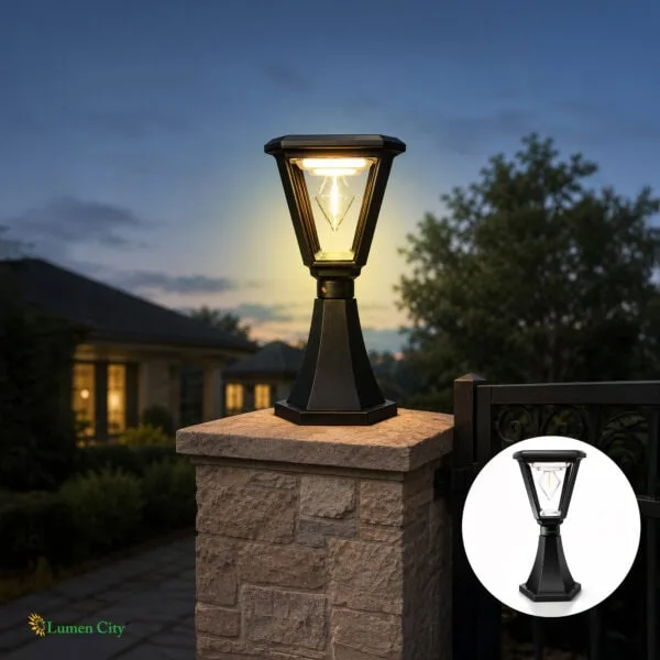 Warm outdoor LED lamp illuminating a stone pillar at dusk, enhancing garden ambiance and security. P.