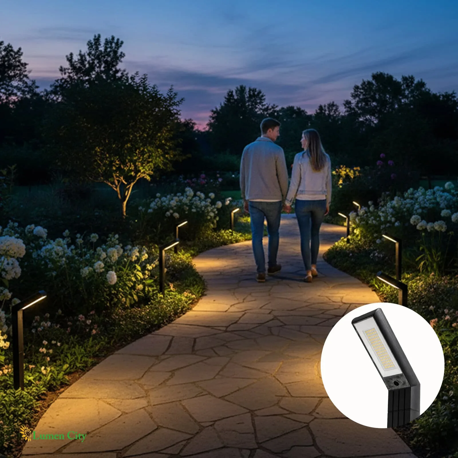Bright outdoor LED pathway lights illuminating a romantic couple walking in a garden at dusk.