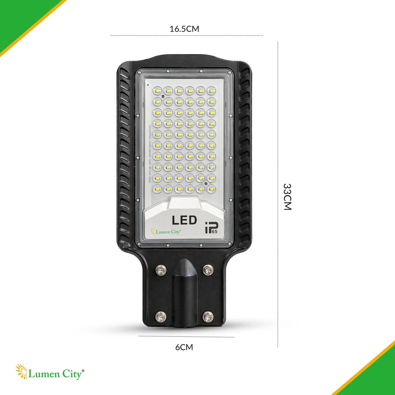 Bright LED street light with durable black casing, ideal for outdoor illumination and energy efficie.