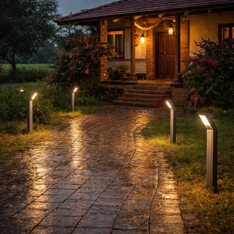 solar pathway light installed around pathway of indian farm house