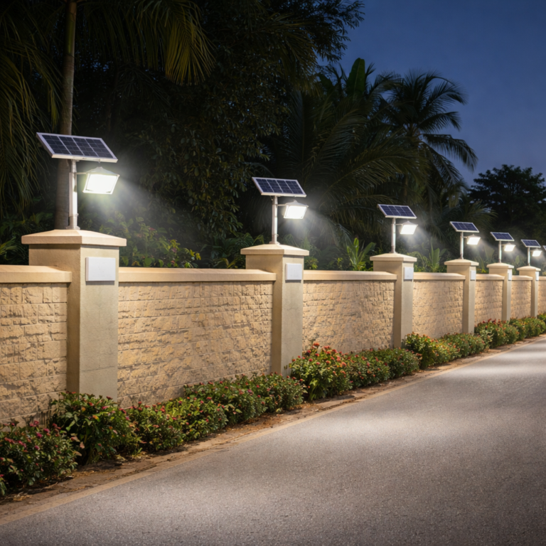 solar flood light installed on the boundry wall of indian farm house