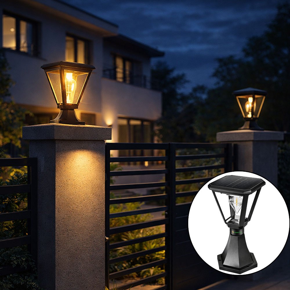 solar gate post light installed on house entrance pillar for outdoor lighting