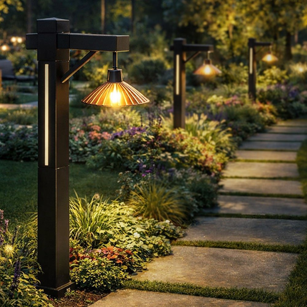 solar bollard garden lights illuminating outdoor pathway landscape lighting