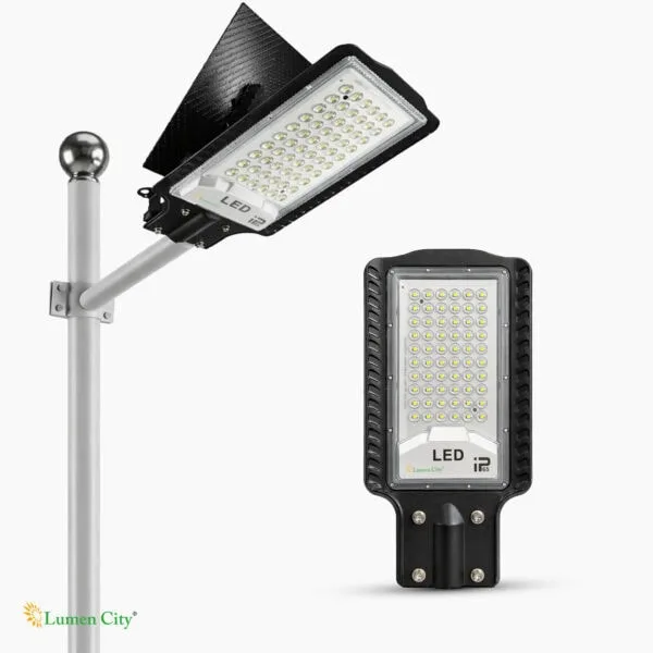 LED street light with solar panel and durable housing, ideal for outdoor lighting solutions.