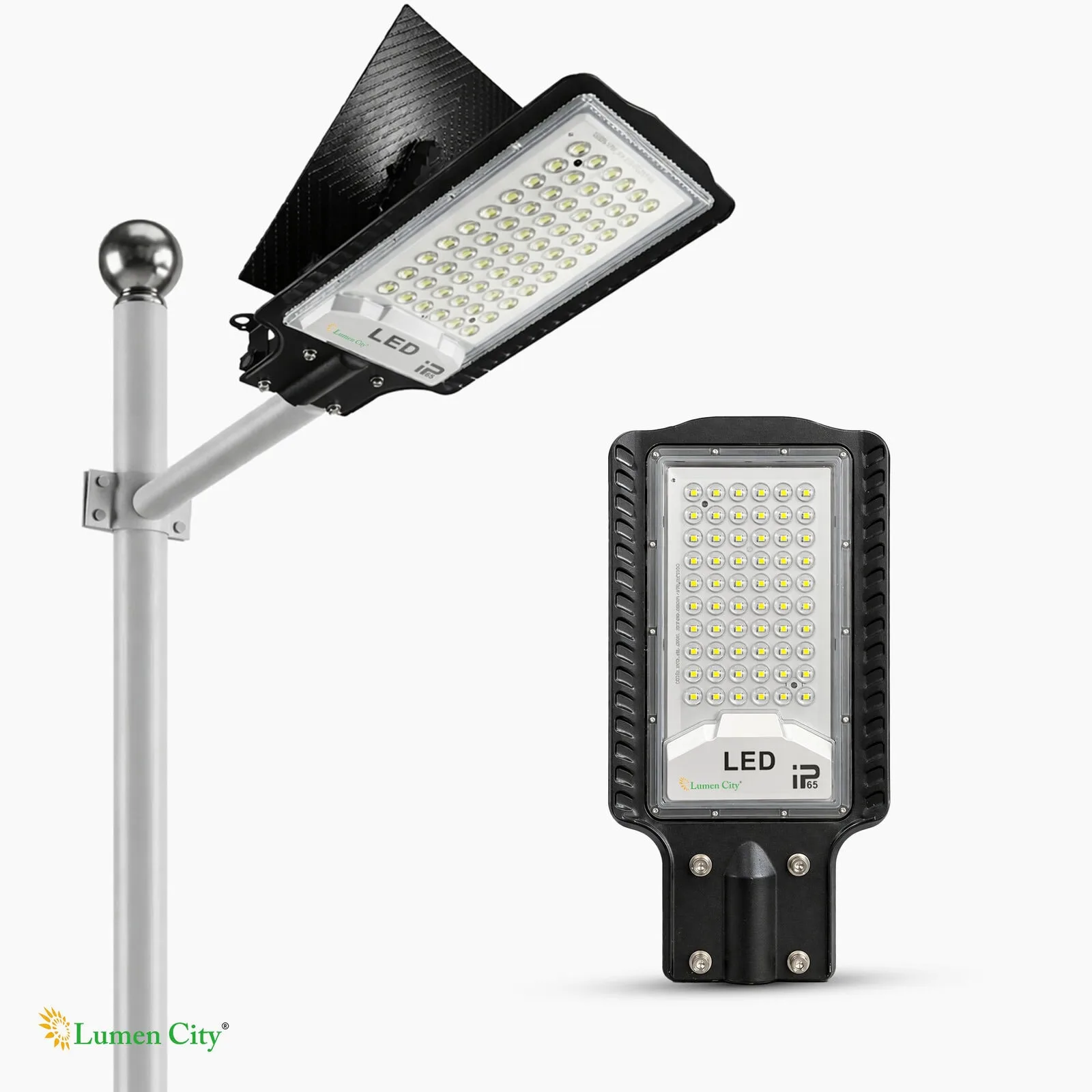 LED street light with solar panel and durable housing, ideal for outdoor lighting solutions.