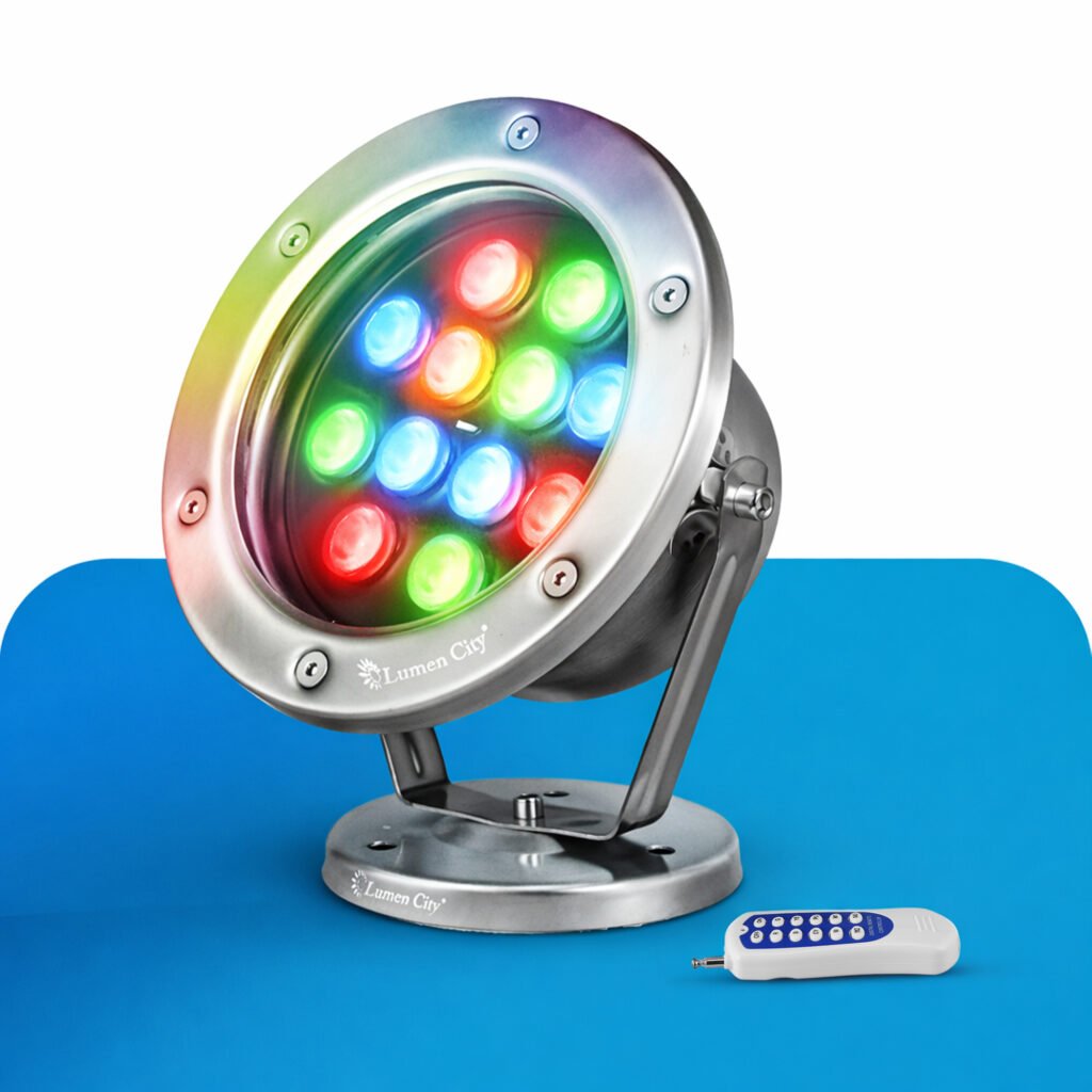 RGB LED underwater spotlight with remote control, stainless steel waterproof IP68 light for pool, fountain and facade lighting applications