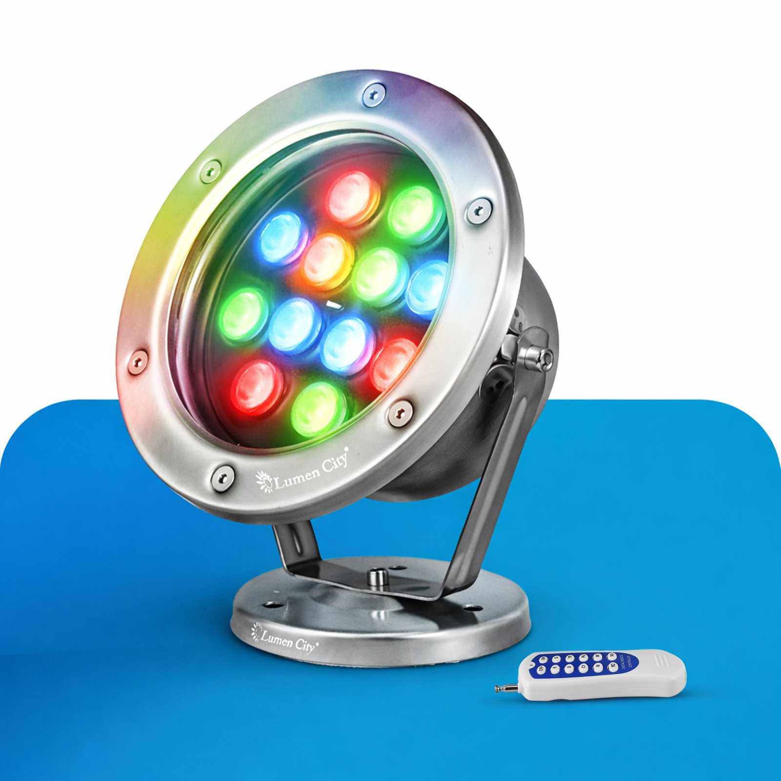 RGB LED underwater spotlight with remote control, stainless steel waterproof IP68 light for pool, fountain and facade lighting applications