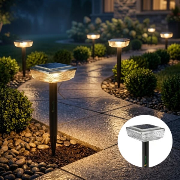 Solar Garden Pathway lamp installed on a garden pathway and glowing in the night