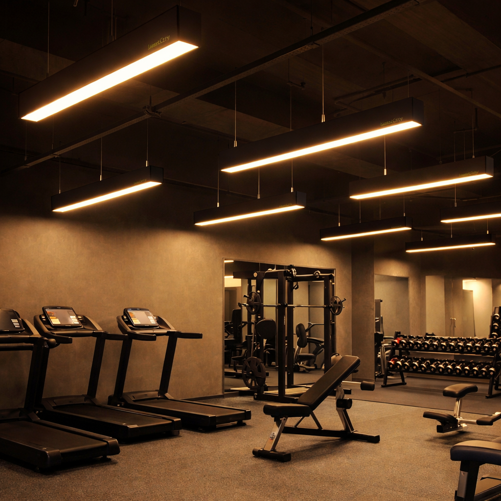 Modern hanging linear LED lights installed in gym interior with warm ambient lighting and premium ceiling design
