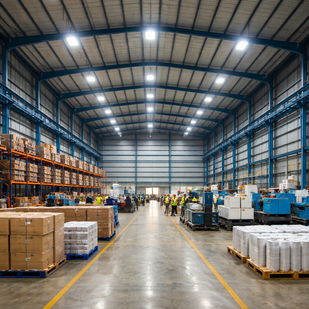 Industrial LED high bay lighting installed in factory and warehouse for bright and efficient workspace illumination