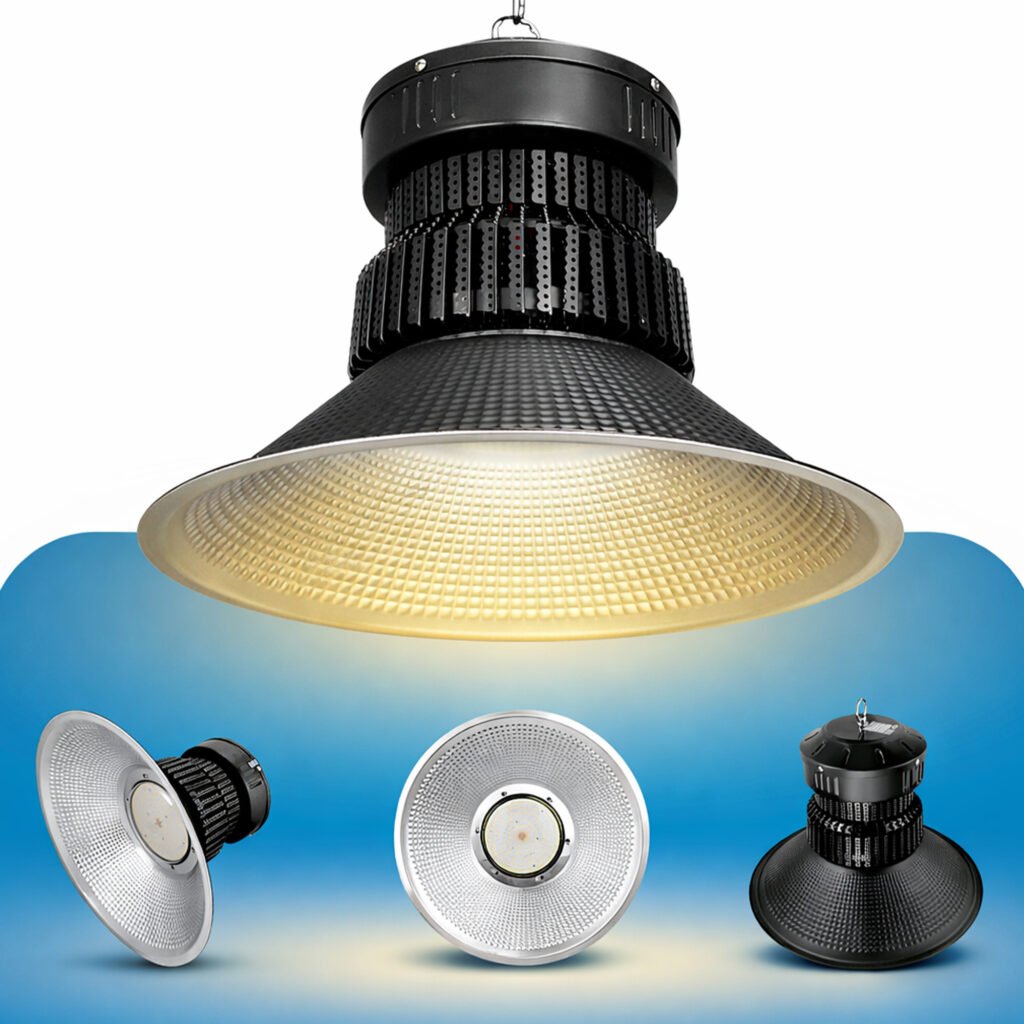 LED high bay warehouse light with aluminum reflector, energy-efficient industrial lighting for factories, warehouses and commercial spaces