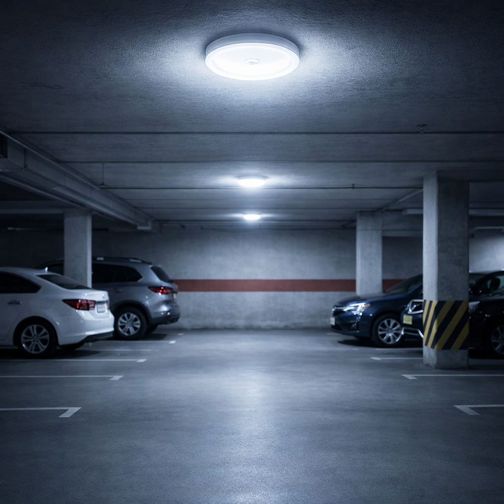 Ceiling mounted motion sensor LED light illuminating indoor parking area with automatic detection