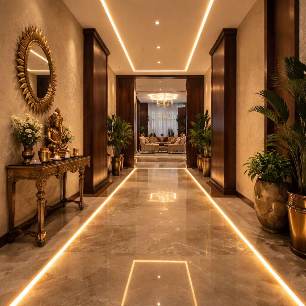 Warm white silicon profile LED strip lighting installed in ceiling and floor for luxury hallway design