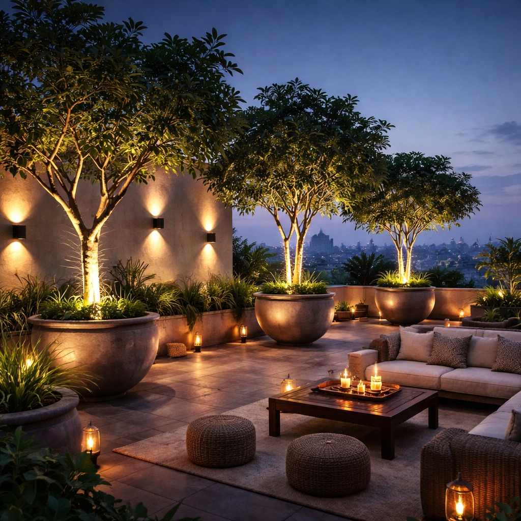 Outdoor landscape lighting with LED fixtures for gardens, pathways and decorative exterior illumination