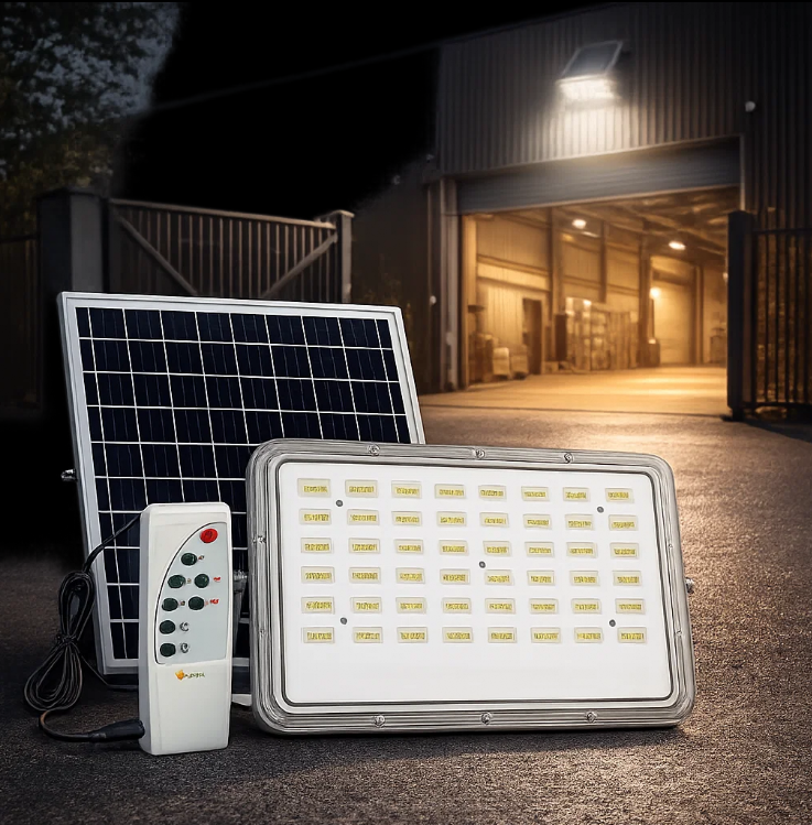 solar LED flood light with remote control and solar panel for outdoor security lighting