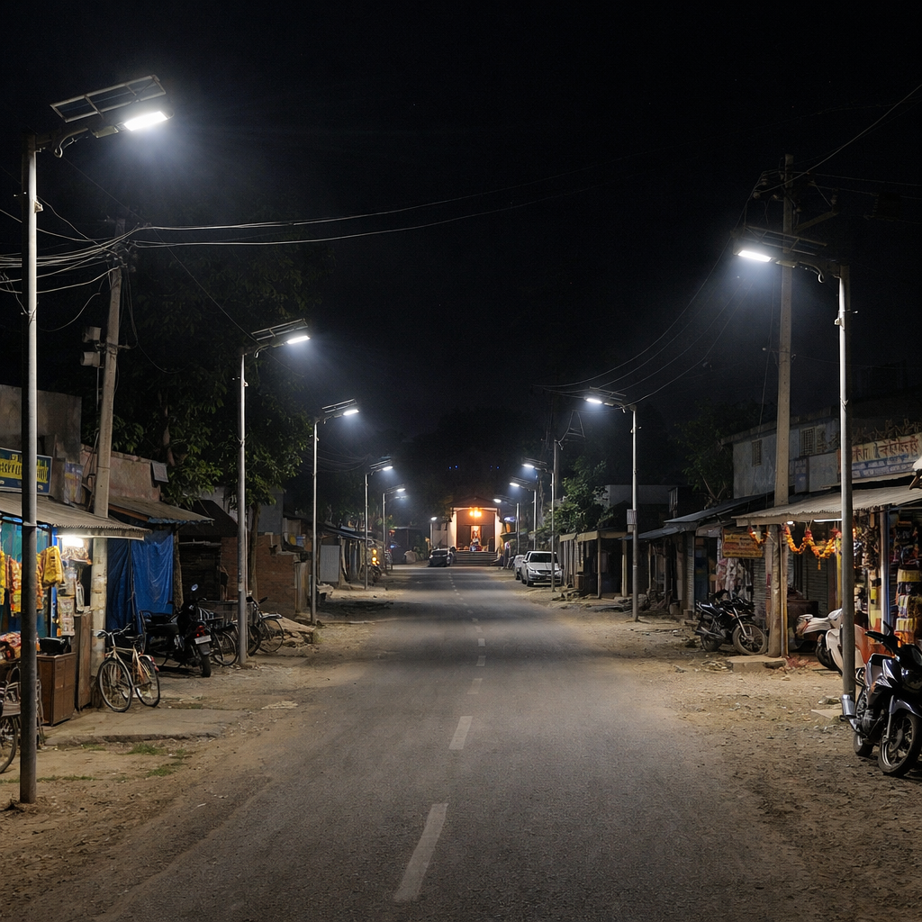 High brightness LED street lights installed on roads and highways for outdoor public lighting solutions